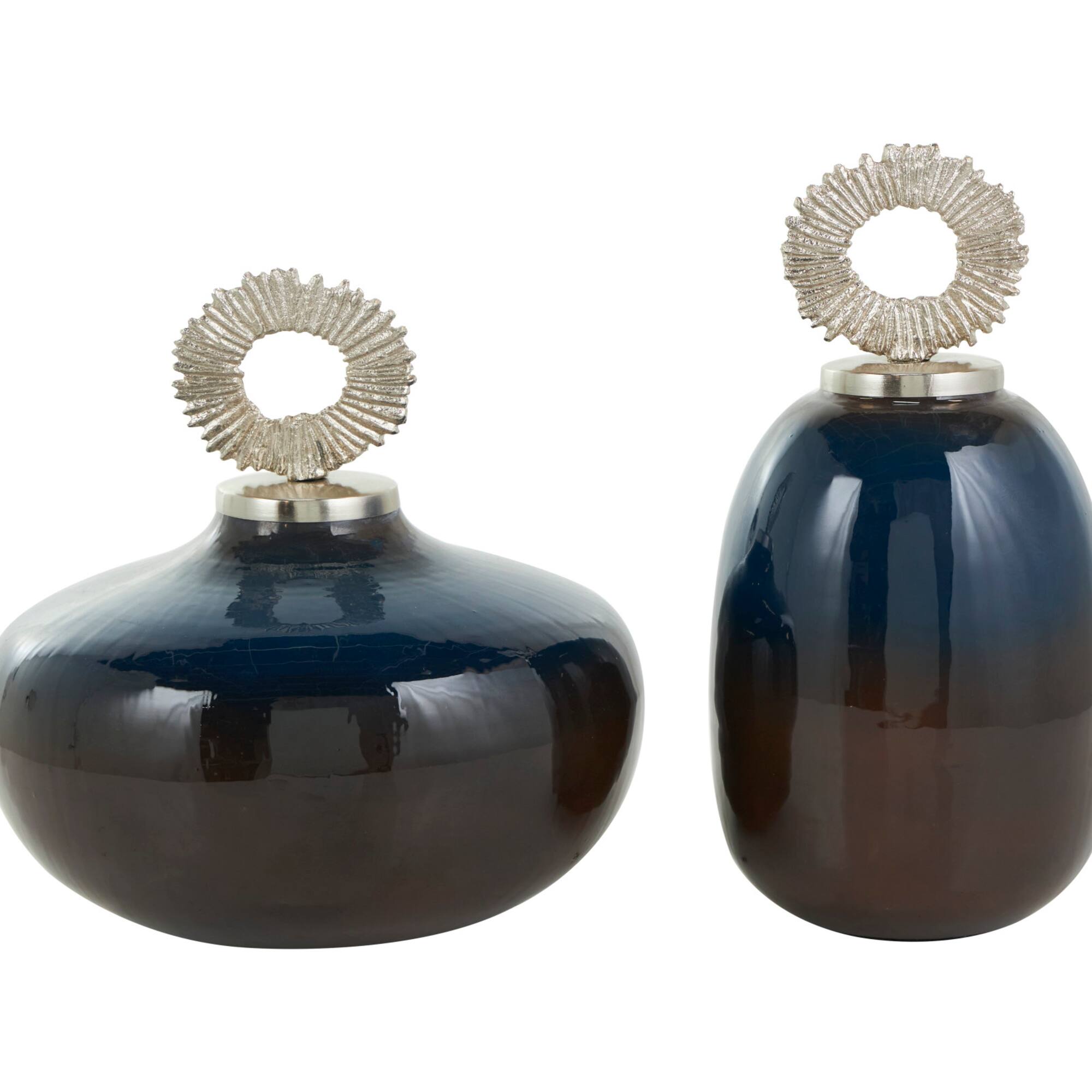 Blue Metal Ombre Decorative Jars with Brown Accents & Silver Ring Handles Set